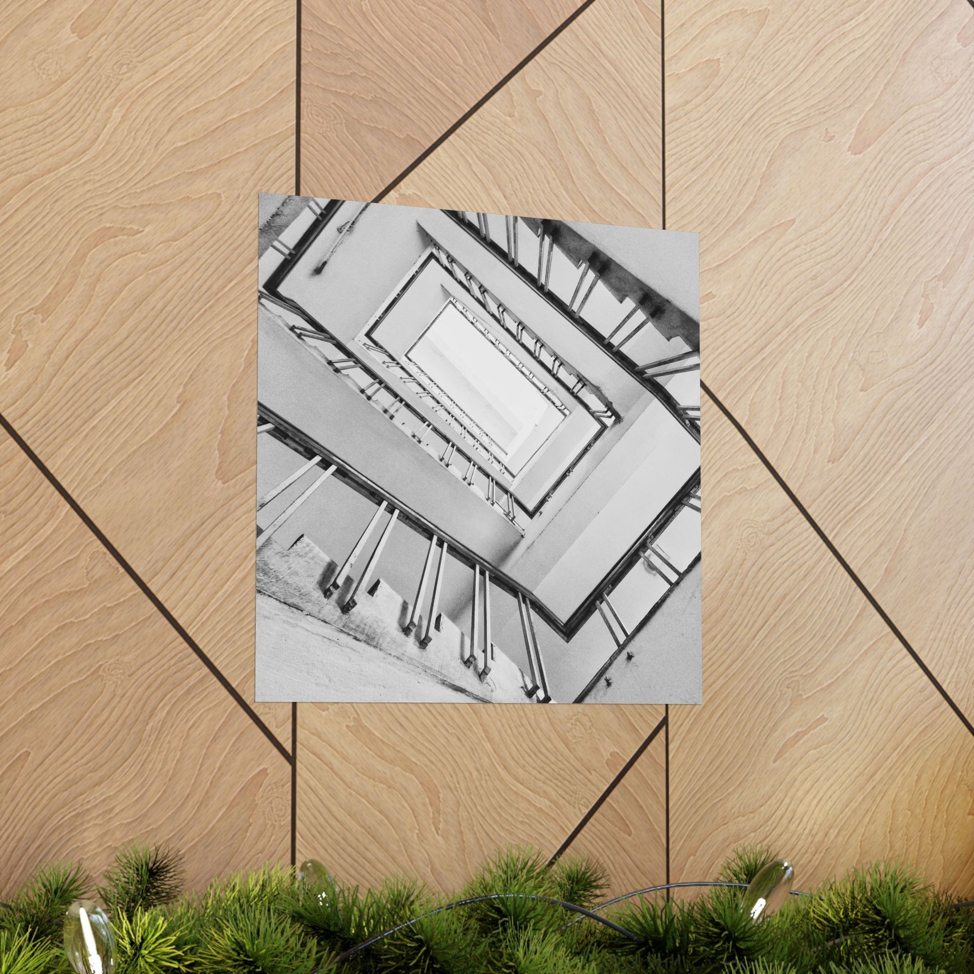 Black and white photo of a geometric ceiling design on a wooden floor with green plants at the bottom.