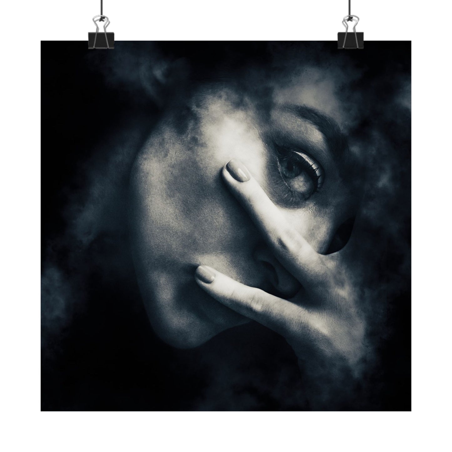 Black and white artwork of a hand covering a face with a dark background
