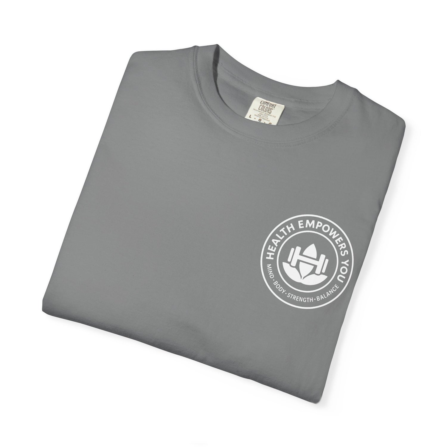 Folded gray t-shirt with a white logo on a white background