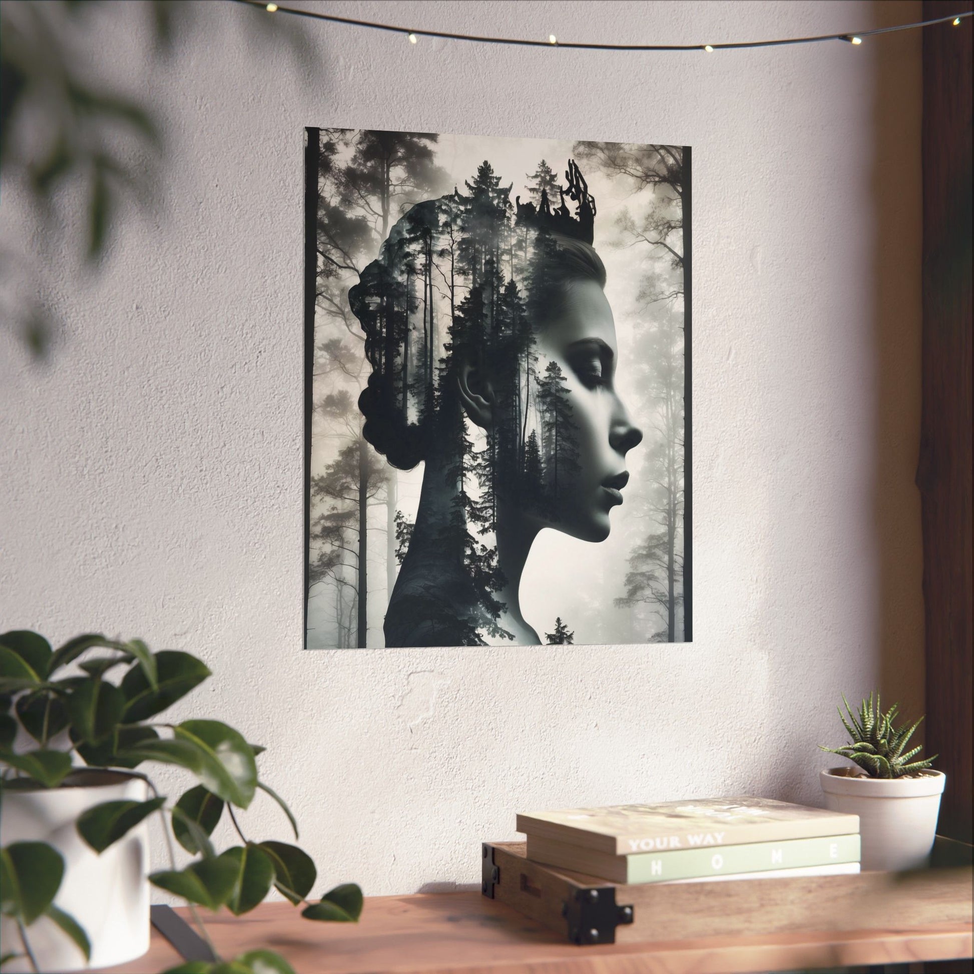 Artistic wall tapestry with a woman's silhouette and forest design, placed on a wall above a wooden surface with plants.