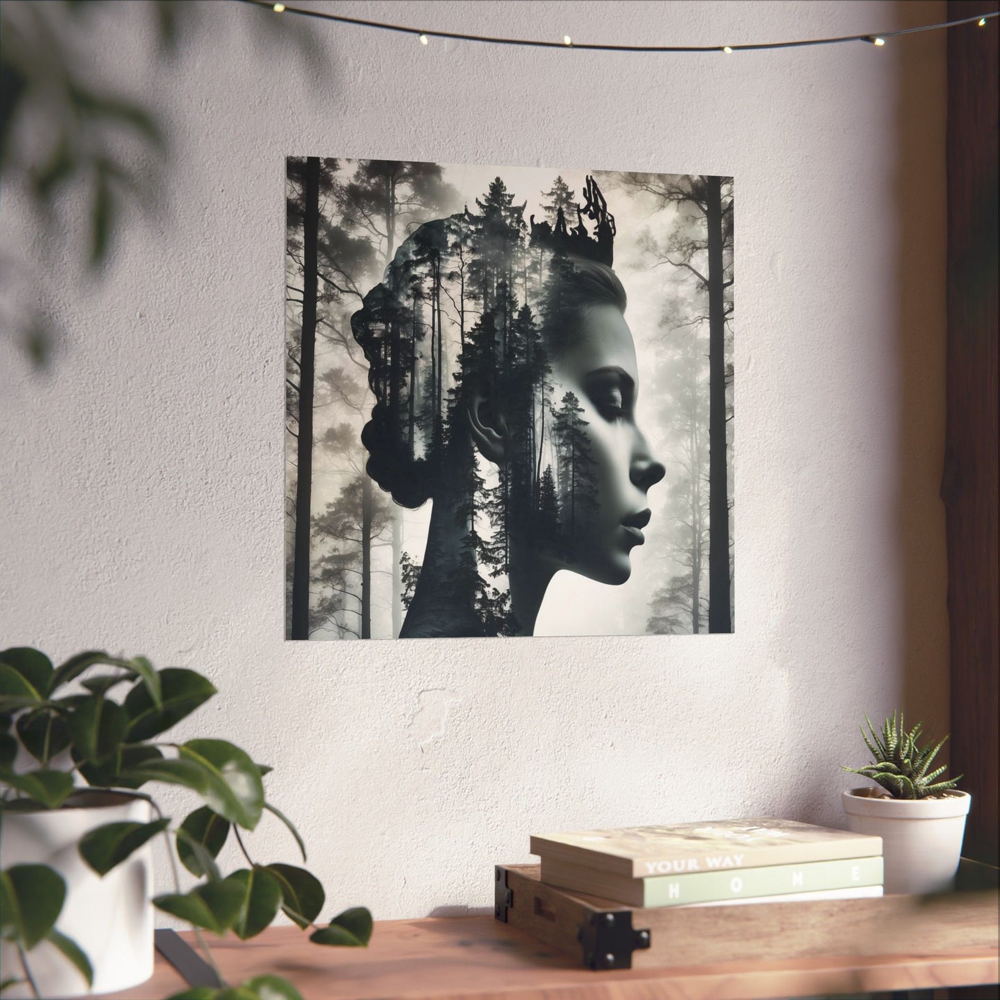 Artistic wall poster of a woman's face with trees superimposed on a white wall above a wooden desk.