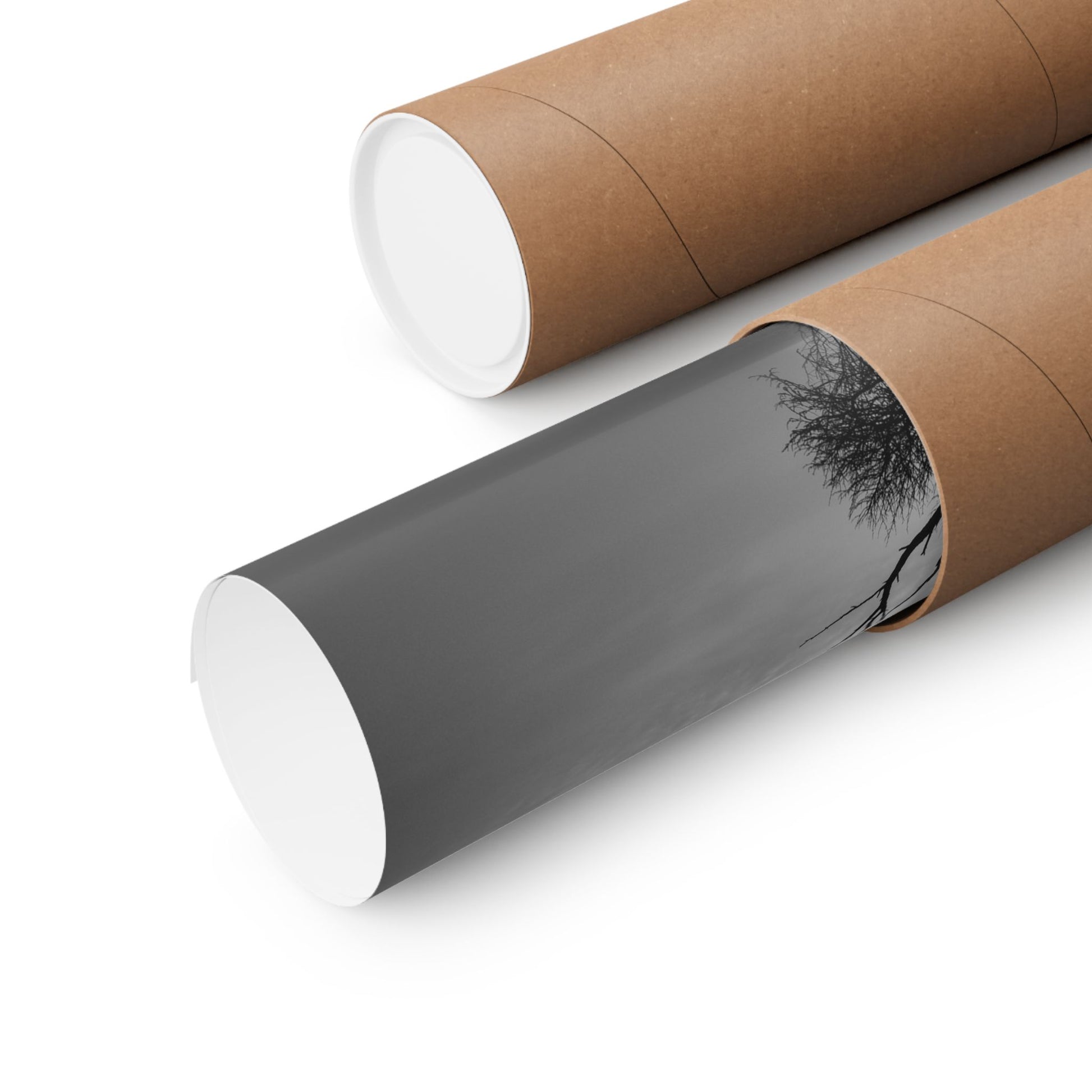 Two cardboard tubes with white ends on a white background