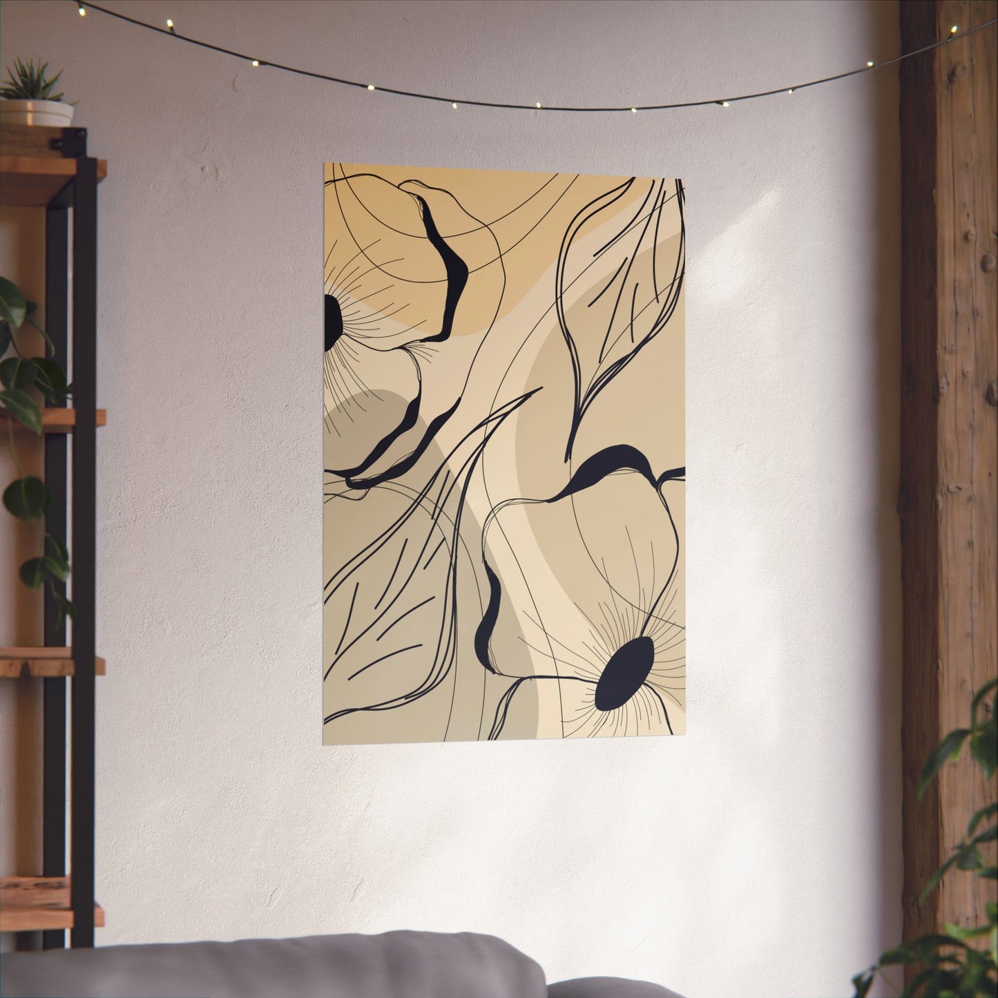 Decorative wall tapestry with floral design on a wall in a room.