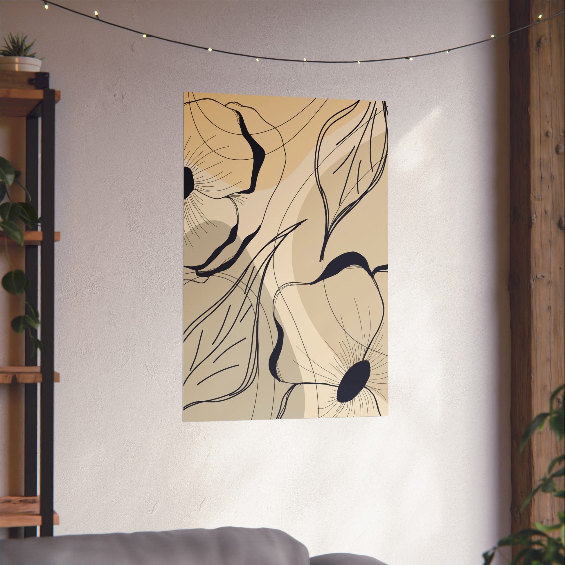 Decorative wall tapestry with floral design on a wall in a room.