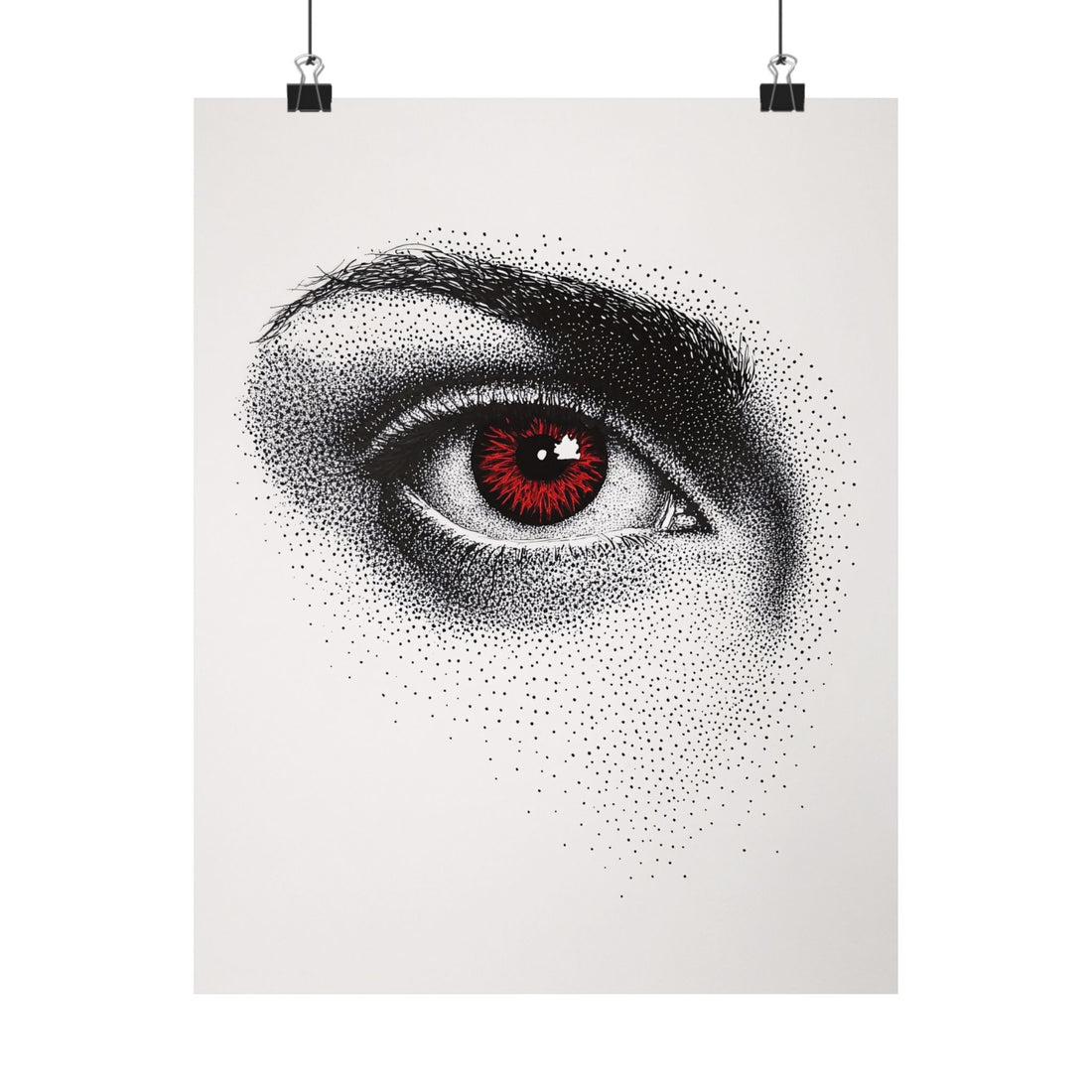 Artistic depiction of a detailed eye with a red iris on a white background