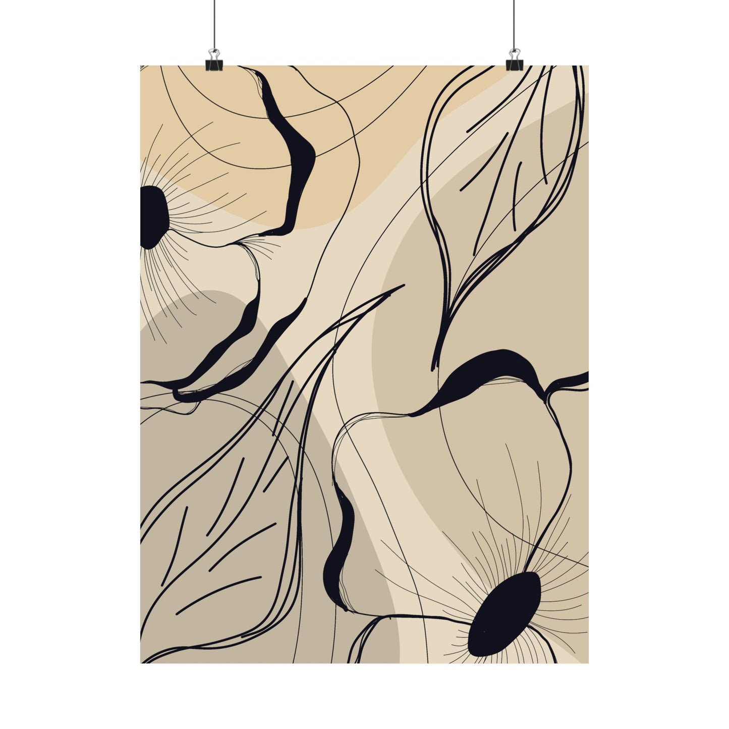 Abstract art print with black line designs on a beige background