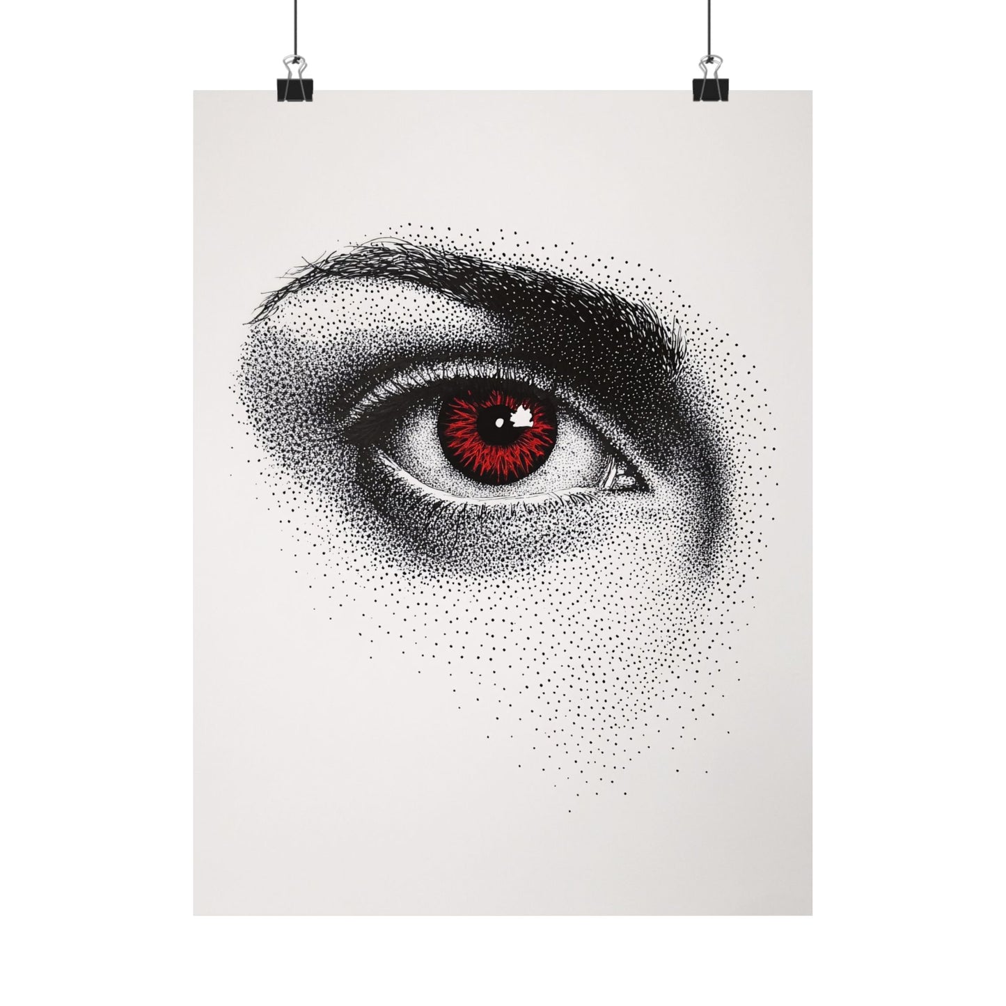 Artistic depiction of a detailed eye with a red iris on a white background