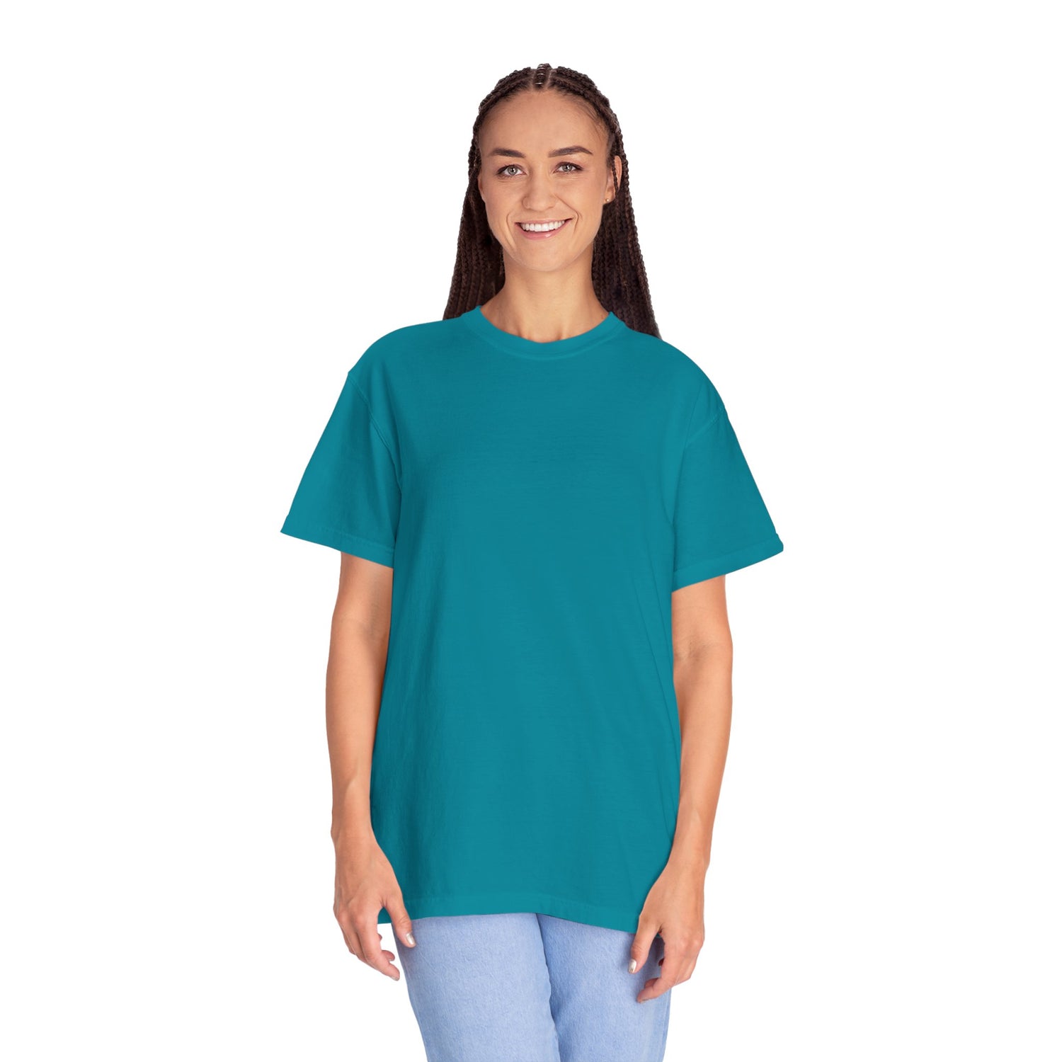 Person wearing a teal t-shirt on a white background