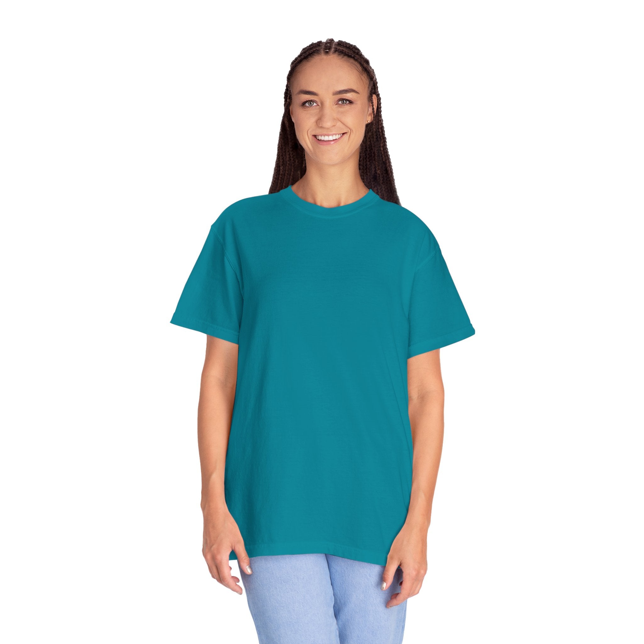 Person wearing a teal t-shirt on a white background