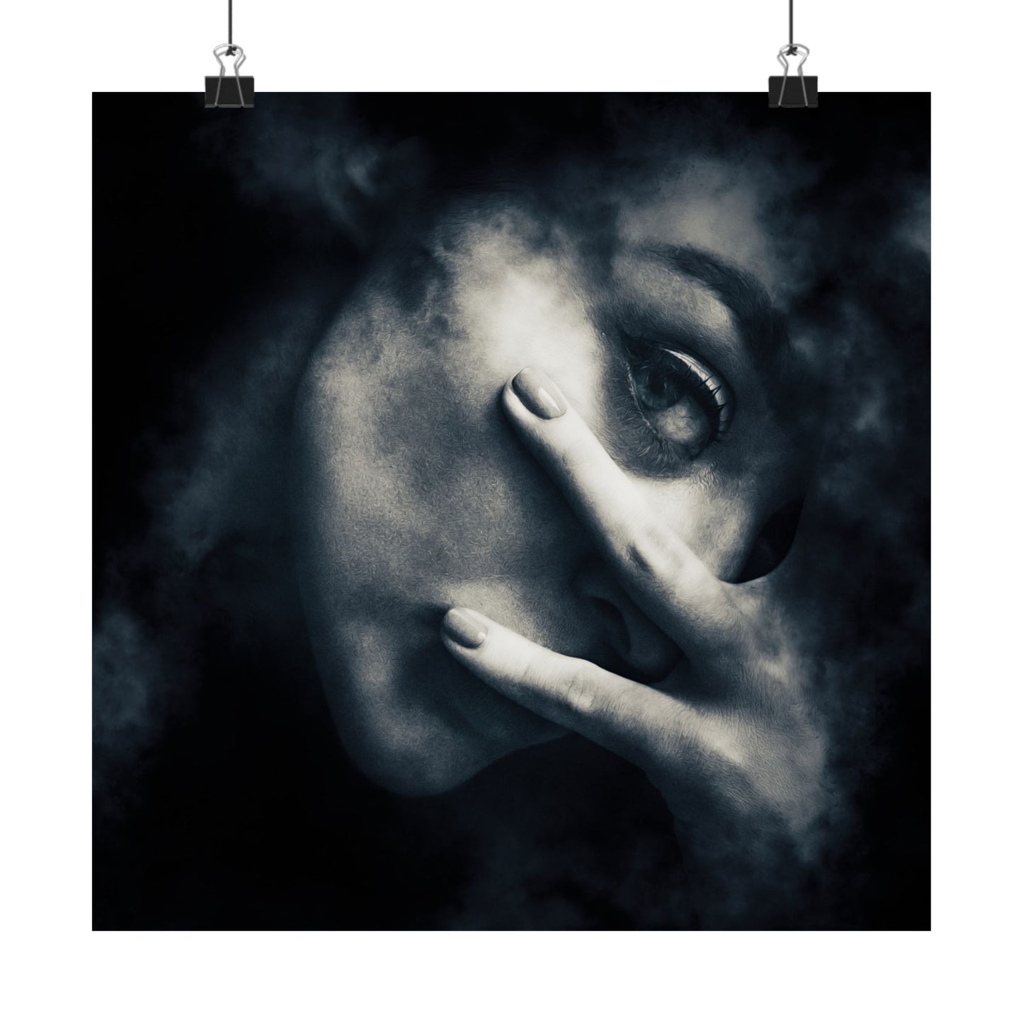 Black and white artistic depiction of a face with a hand covering part of it, against a dark background.