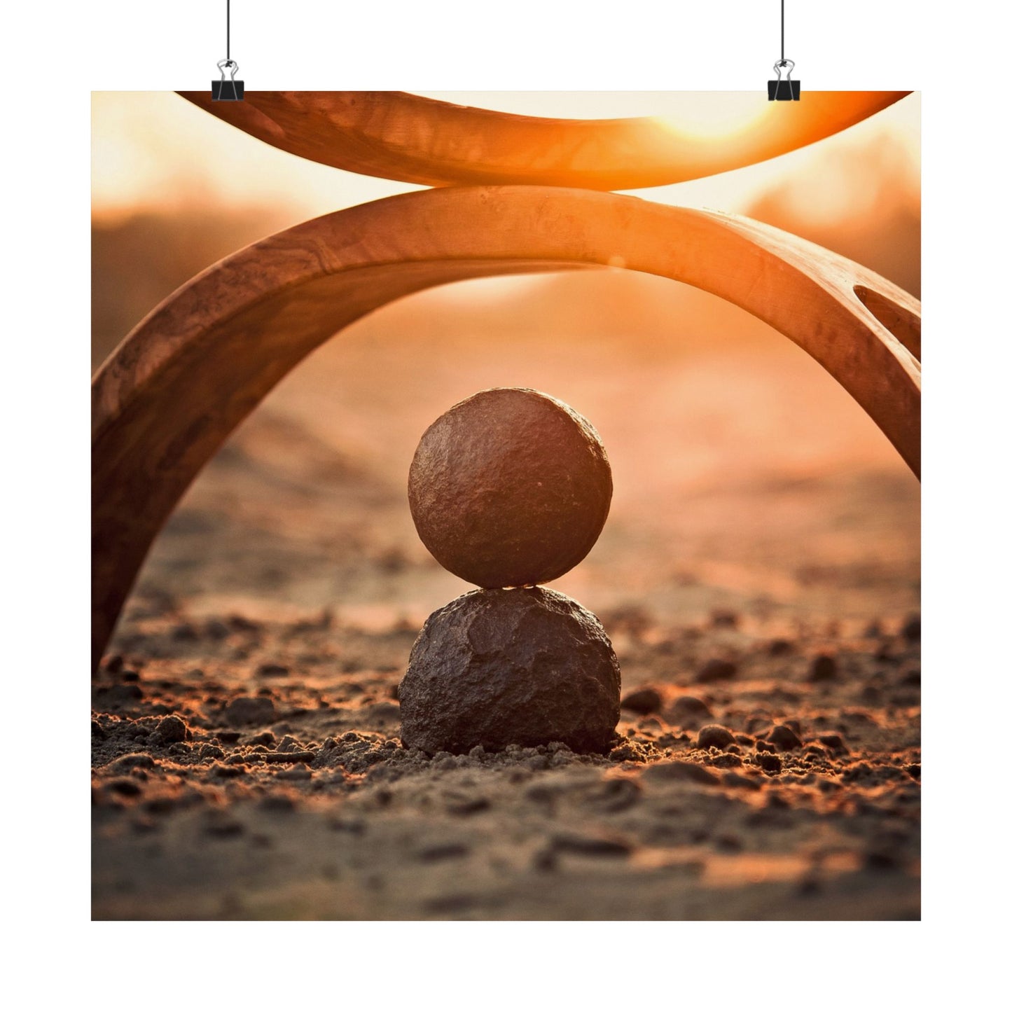 Two stones balanced on each other with a warm, sunset-like background