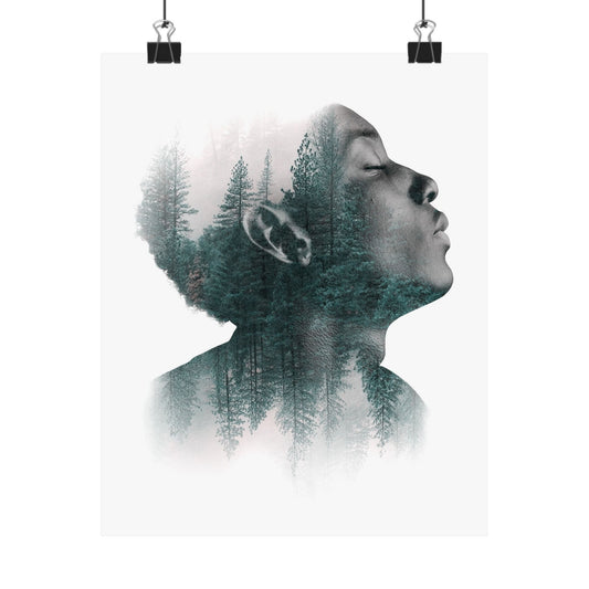 Double exposure of a person's profile with a forest overlay on a white background
