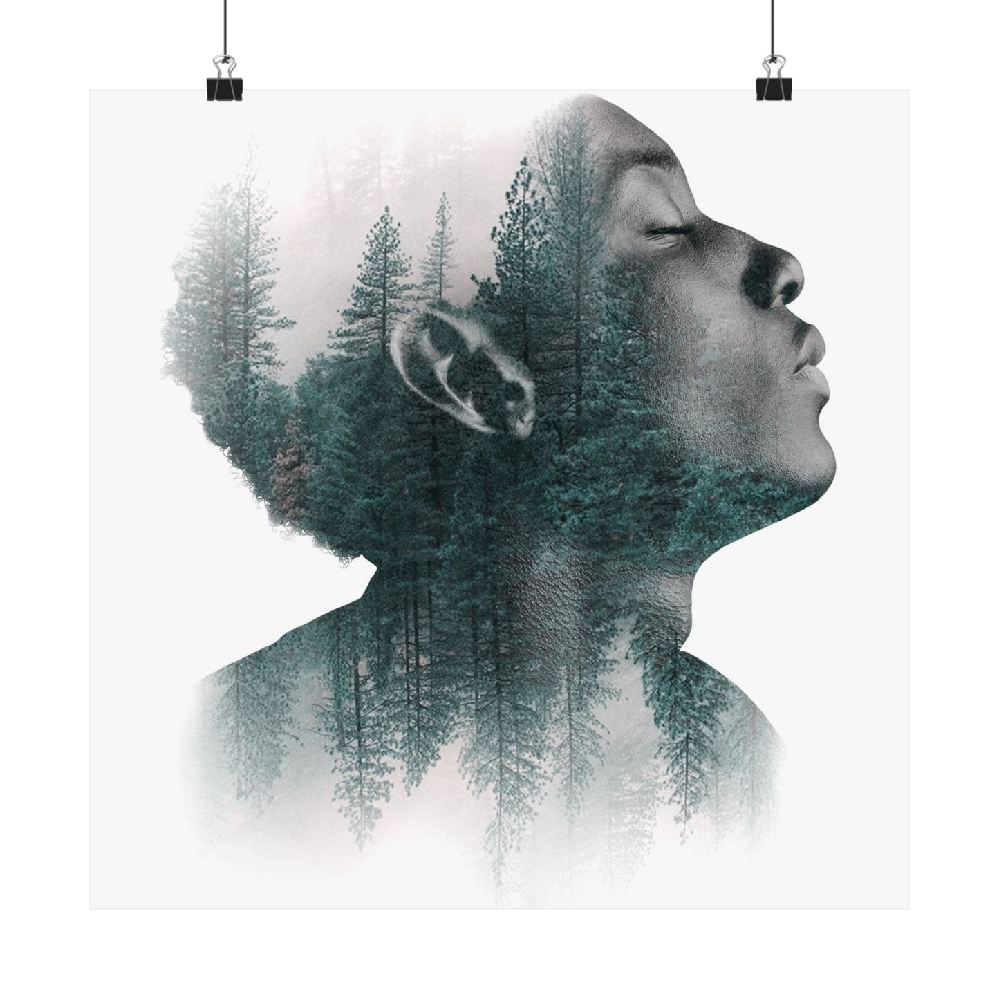 Double exposure of a person's profile with a forest overlay