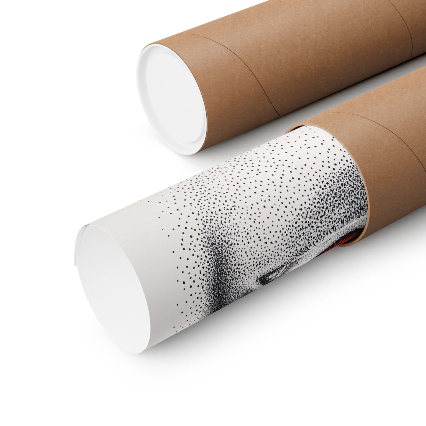 Two cardboard tubes, one white with black speckled pattern, the other plain brown, on a white background.