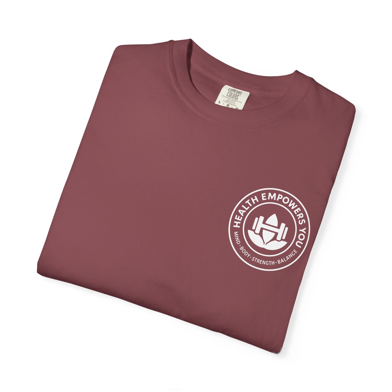 Folded maroon t-shirt with a white logo on a white background