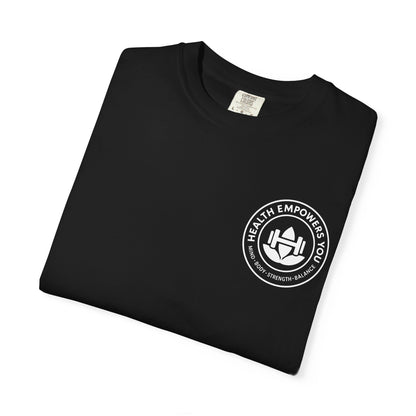 Folded black t-shirt with a white logo on a white background