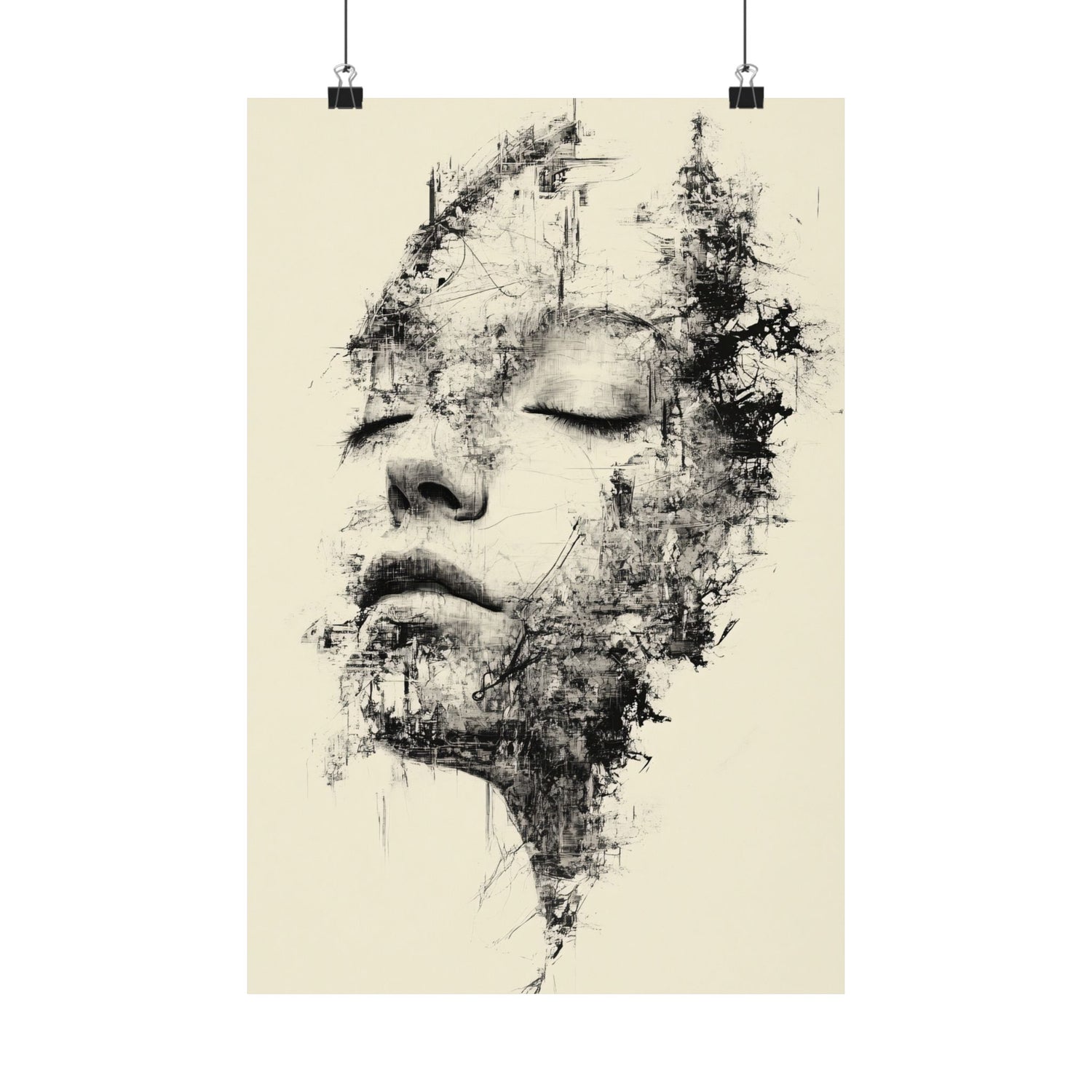 Artistic depiction of a face with abstract elements on a beige background