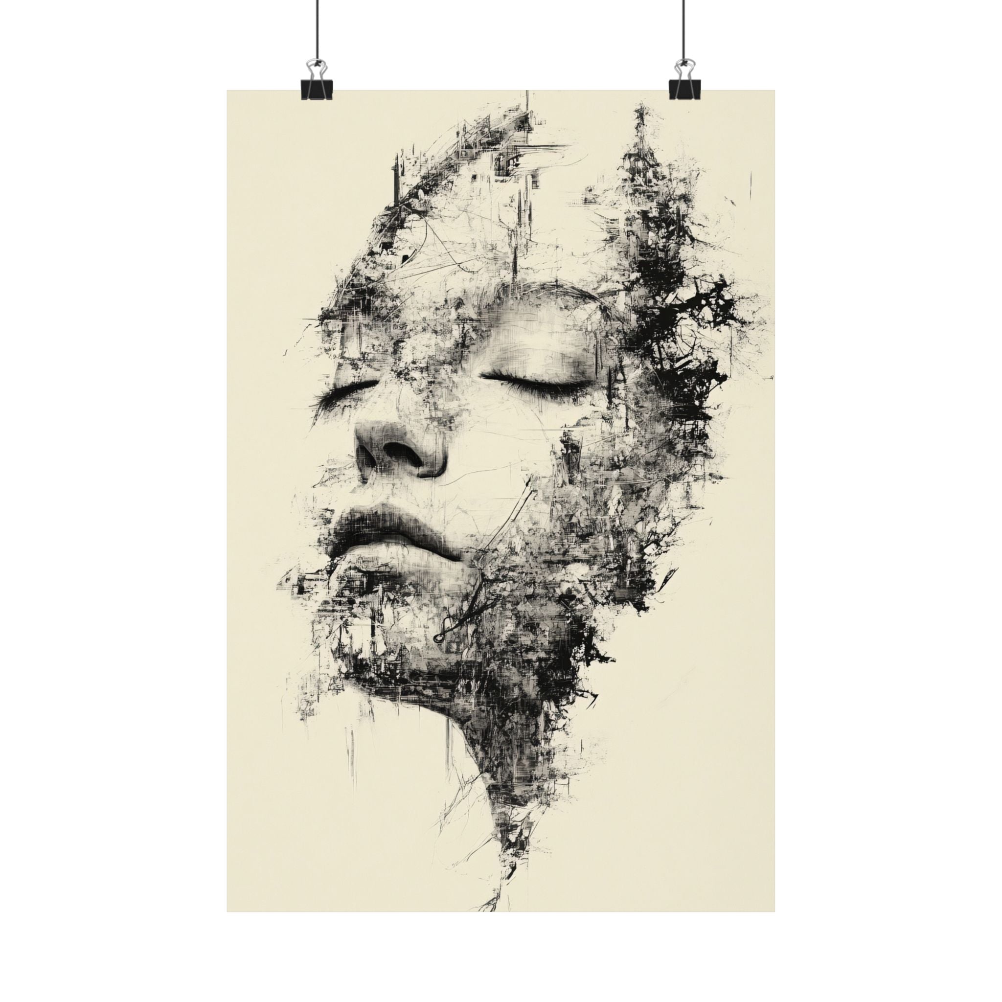 Artistic depiction of a face with abstract elements on a beige background