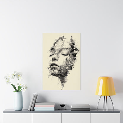Abstract art print of a face on a wall above a table with decor items.
