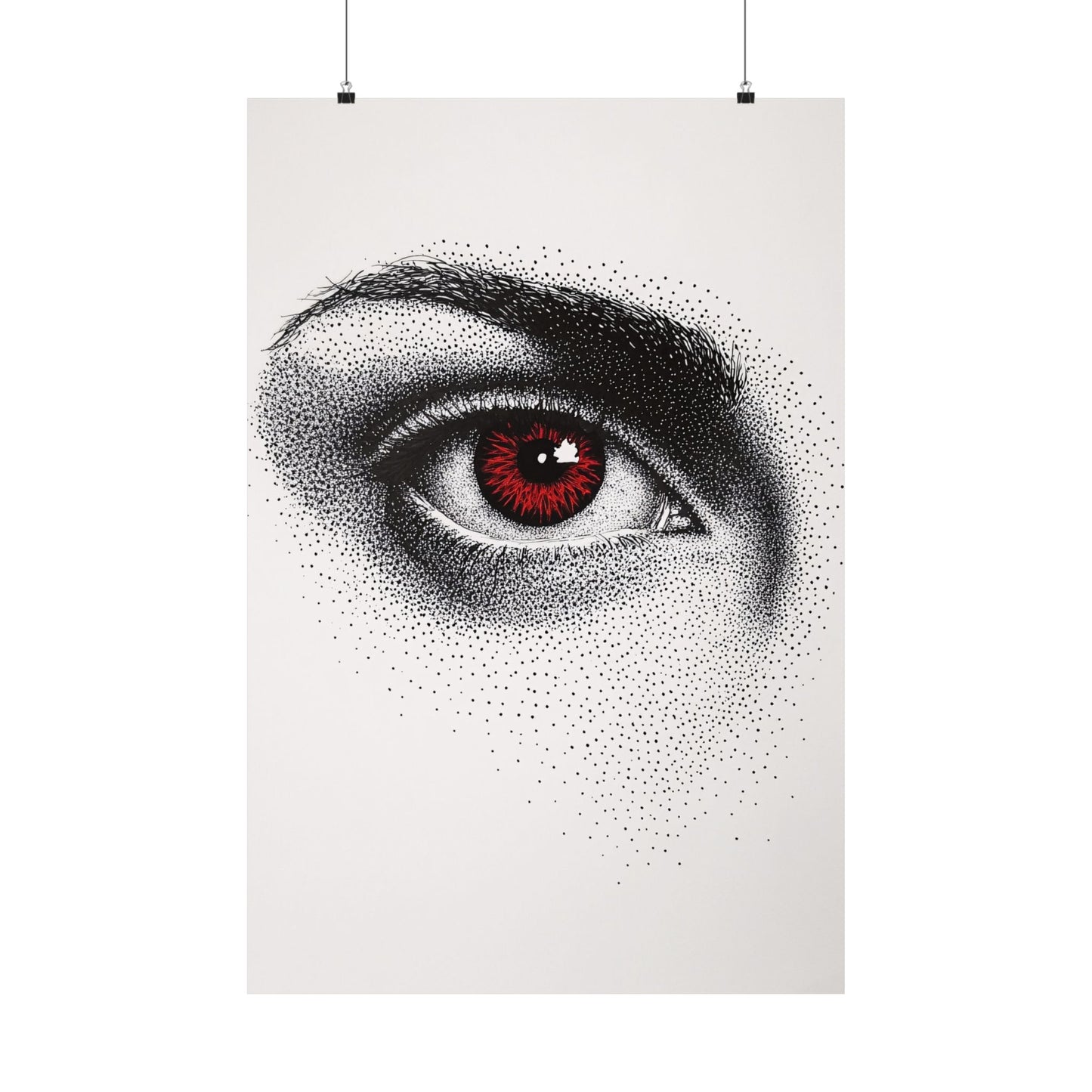 Artistic depiction of a detailed eye with a red iris on a white background