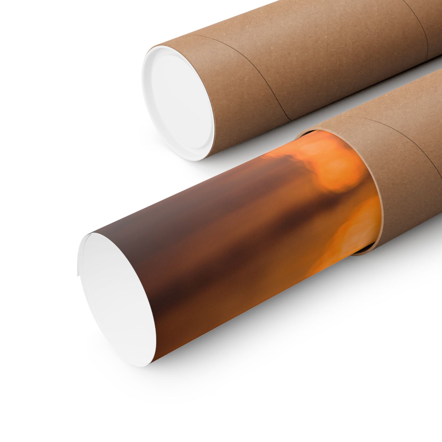 Two cardboard tubes with one containing a reflective orange surface on a white background