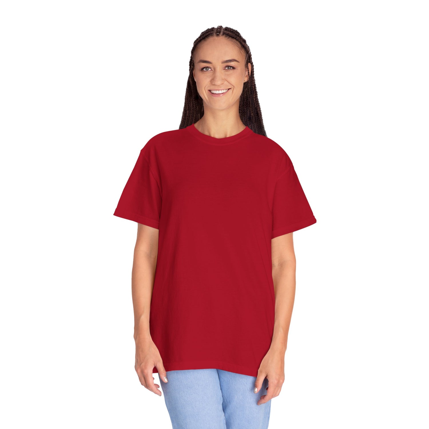 Person wearing a red t-shirt on a white background