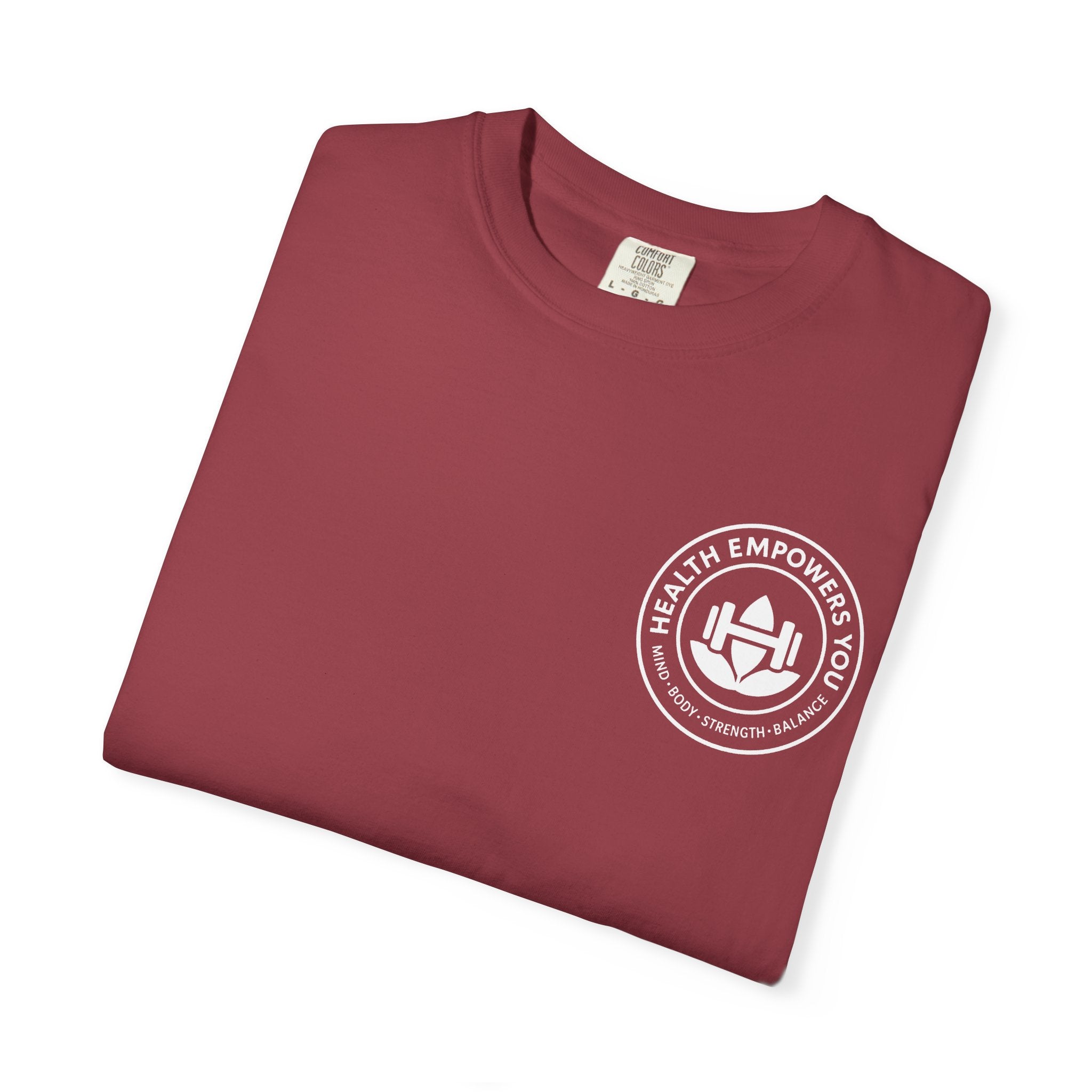 Maroon t-shirt with a white logo on a white background