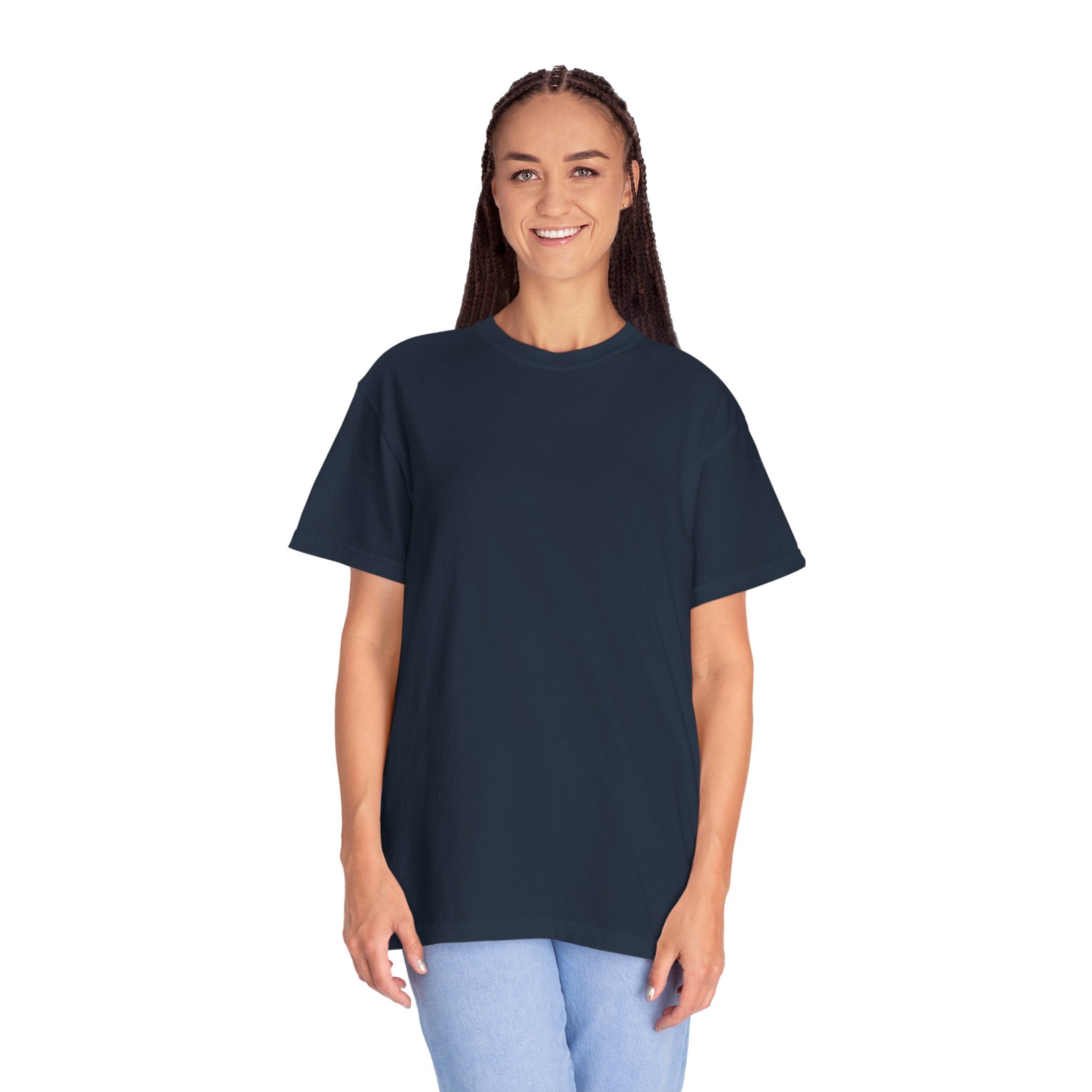 Person wearing a navy blue t-shirt on a white background
