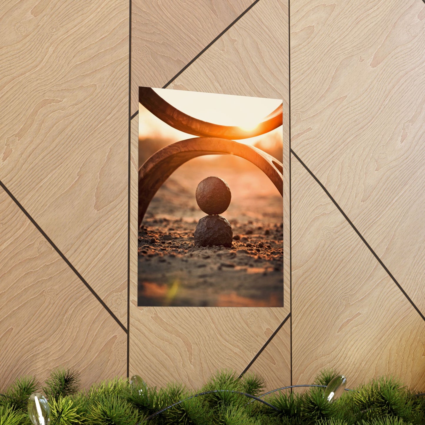 Artistic depiction of a sphere balanced on another against a sunset sky, framed by geometric wood patterns.