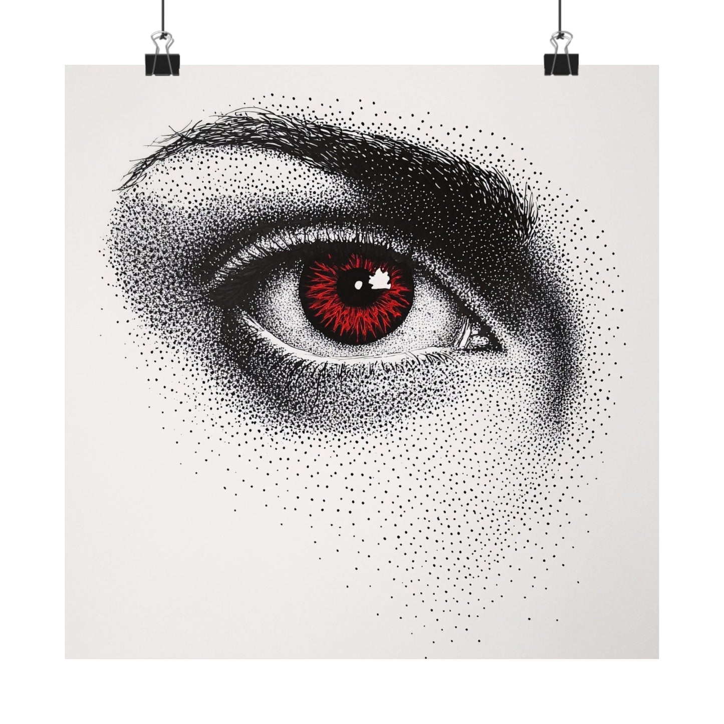 Artistic depiction of a detailed eye with black and white dotwork on a white background