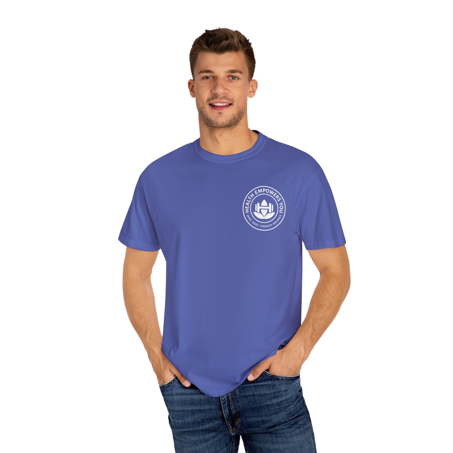 Man wearing a blue t-shirt with a logo on a white background
