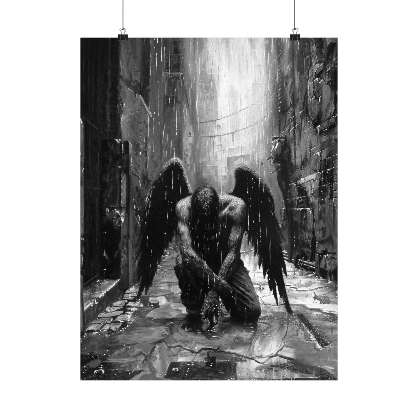 Black and white artwork of an angel with wings crouching in a stone alleyway.