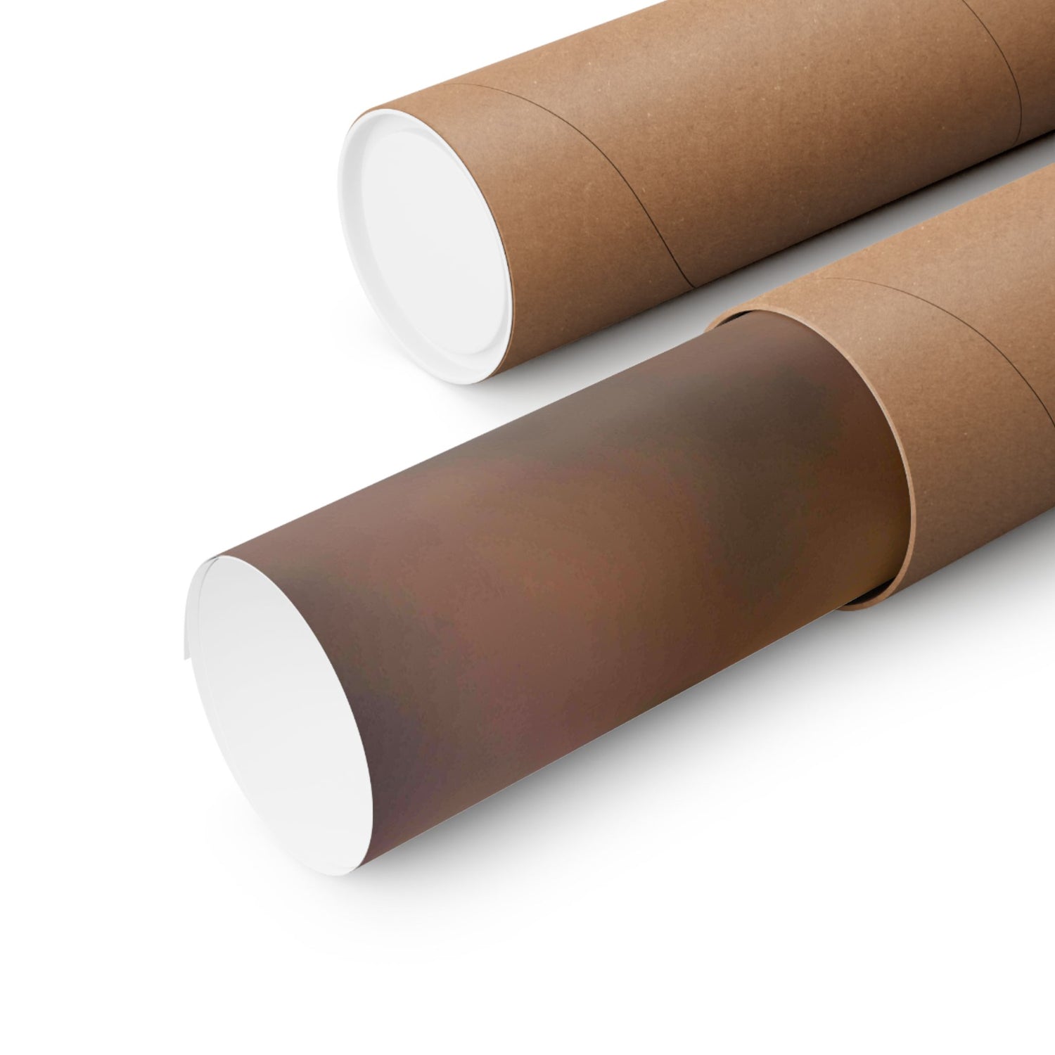 Two cardboard tubes with brown paper wrap on a white background