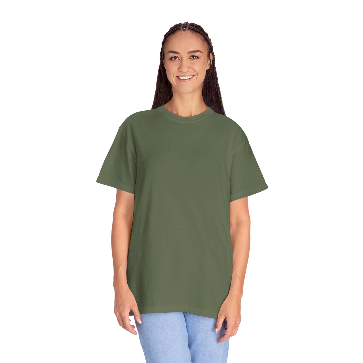Person wearing a green t-shirt on a white background