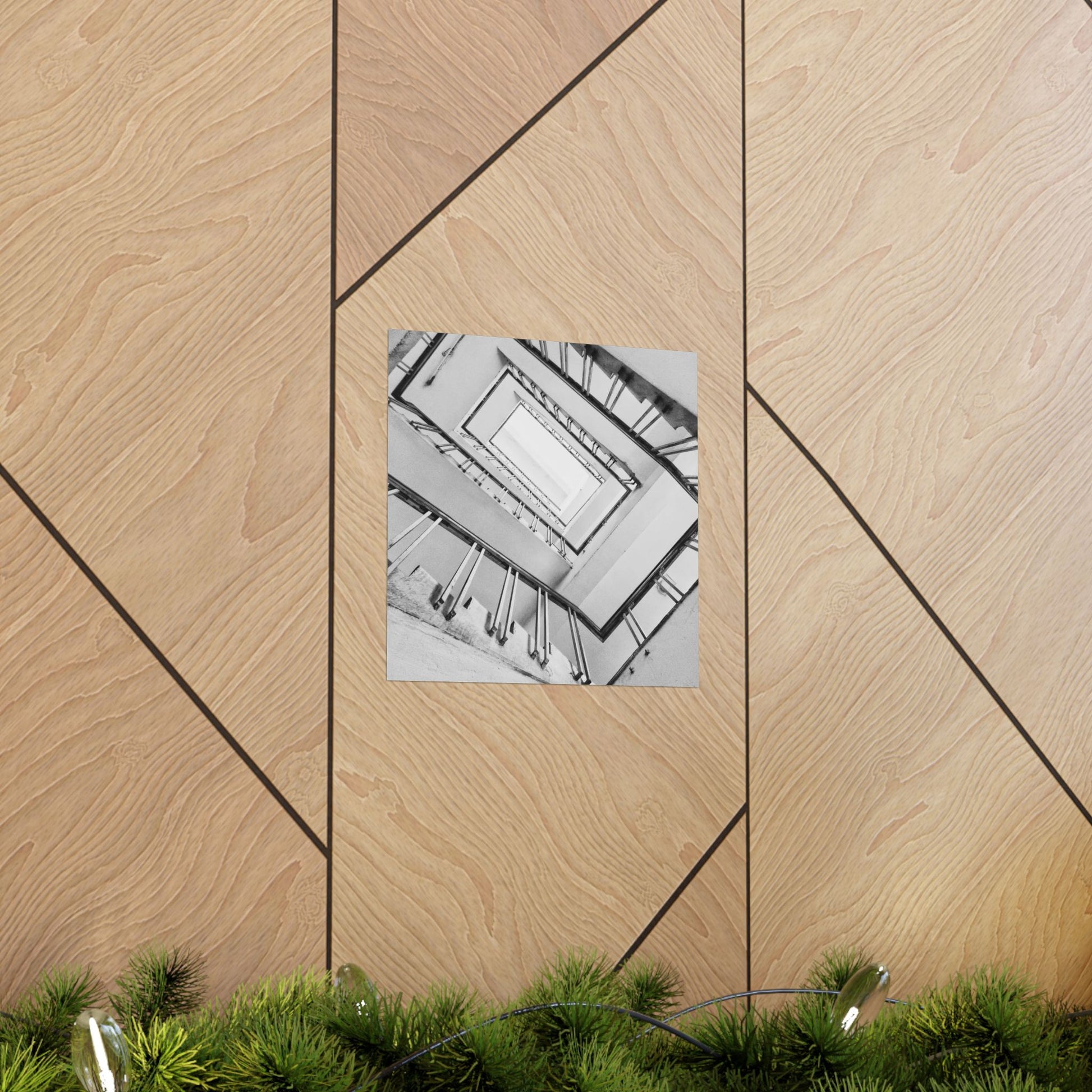 Wooden floor with geometric pattern and a small square image of a building layout.