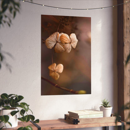 Framed artwork of dried flowers on a wall with a wooden table and plants below.
