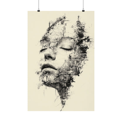 Abstract art print of a face with black ink on a beige background