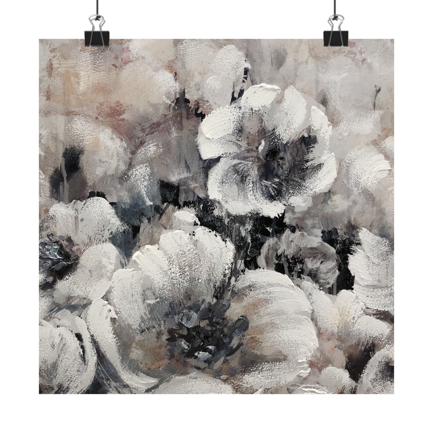 Abstract floral painting with white and black flowers on a textured background