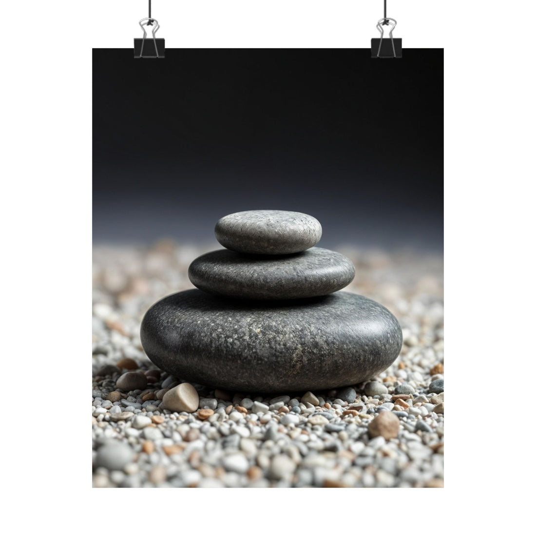 Three stacked stones on a bed of smaller stones with a dark background