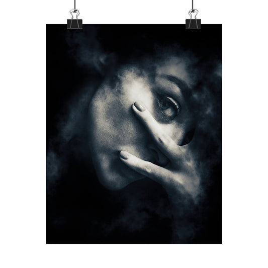 Black and white artwork of a face with a hand covering one eye, hanging on a white wall.