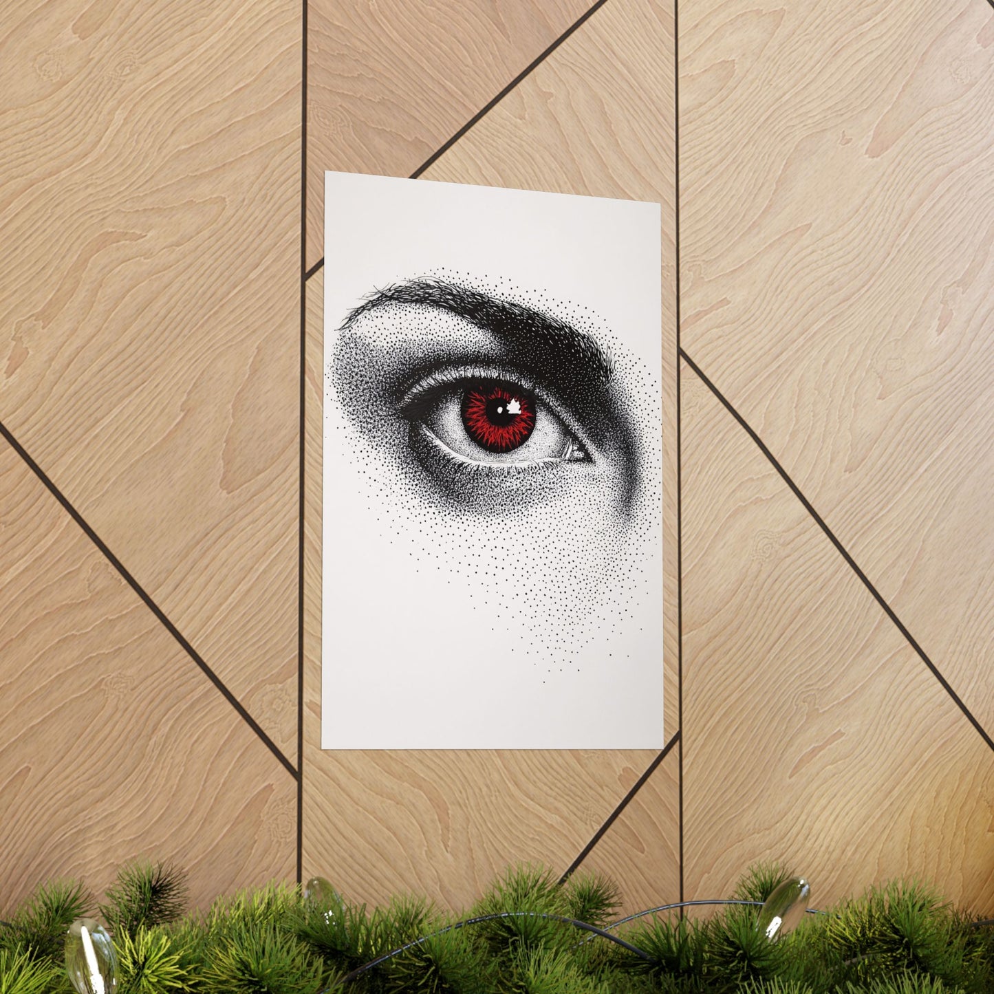 Art print of a detailed eye on a wooden wall with greenery at the bottom.