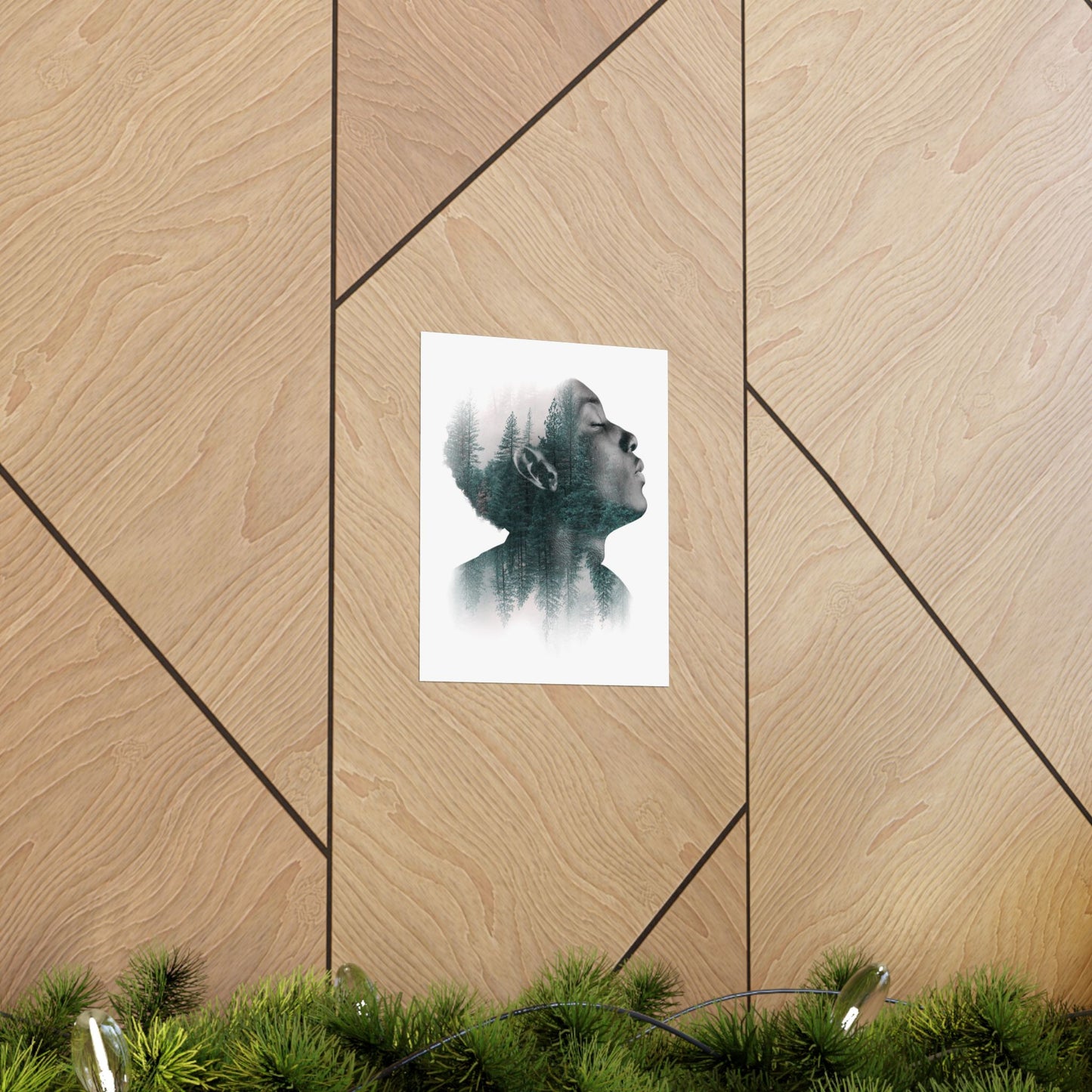 Poster of a stylized face on a wooden wall with geometric patterns