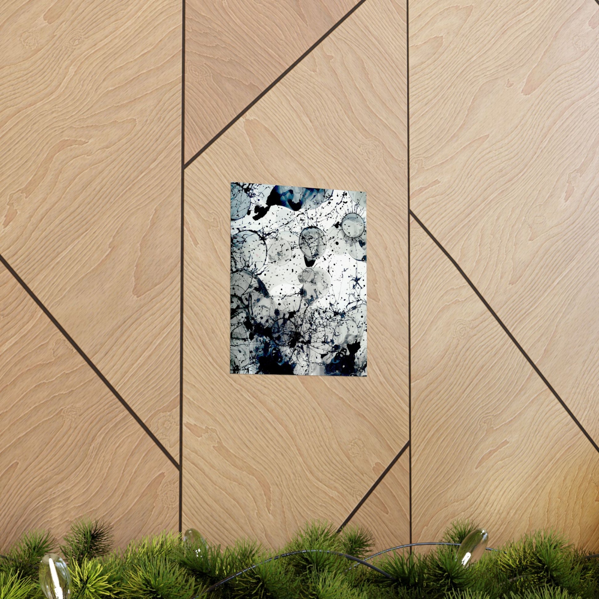 Abstract art print on a wooden panel with geometric design