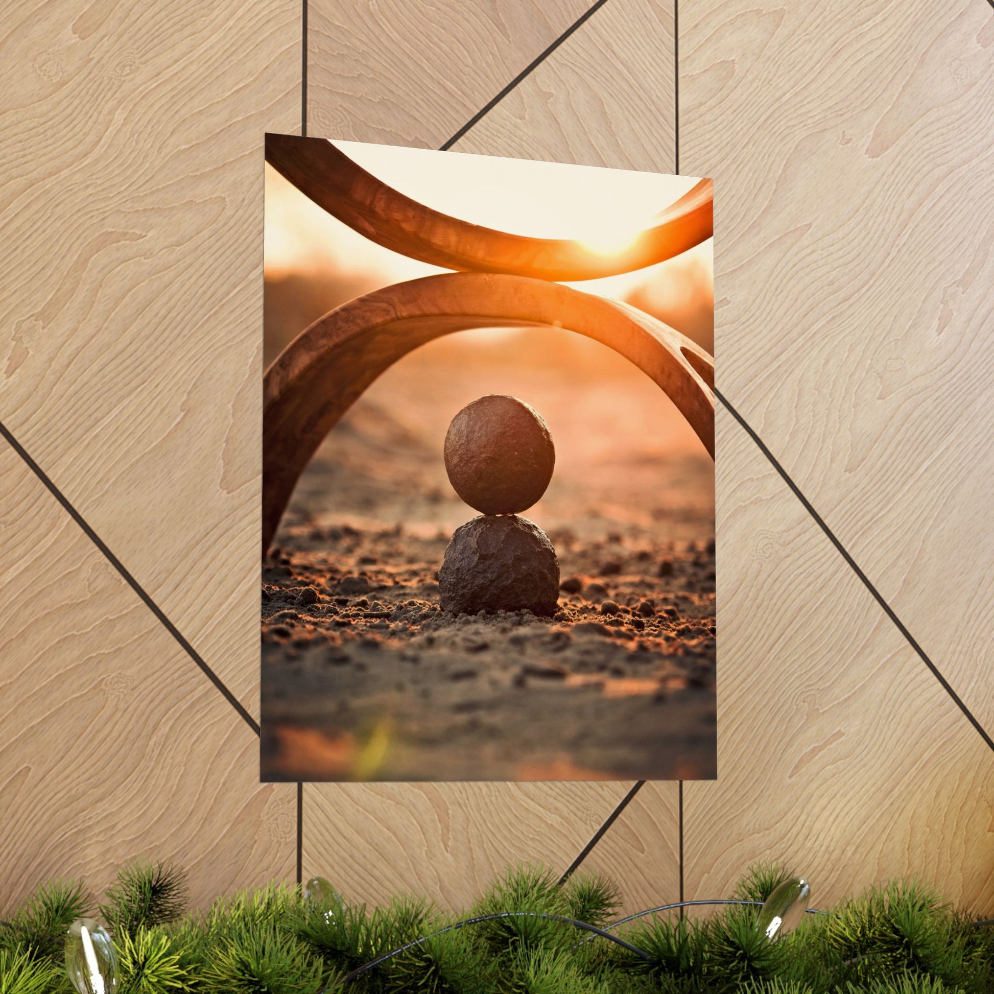 Art print of a sunset scene with interlocking stone arches and a ball on a wooden surface.
