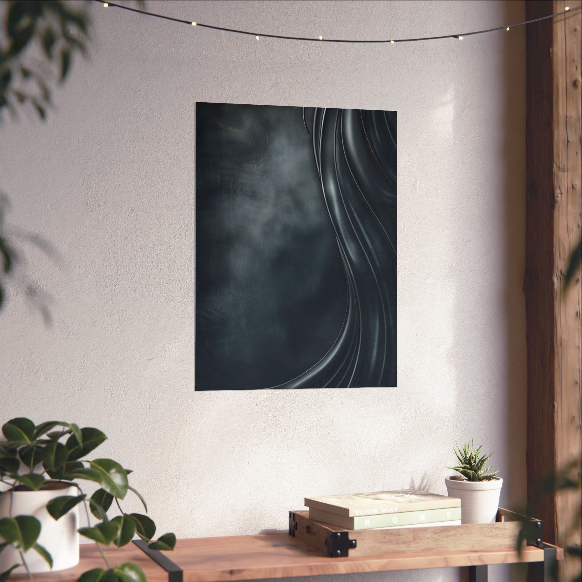 Abstract wall art on a white wall with a wooden shelf and plants below.