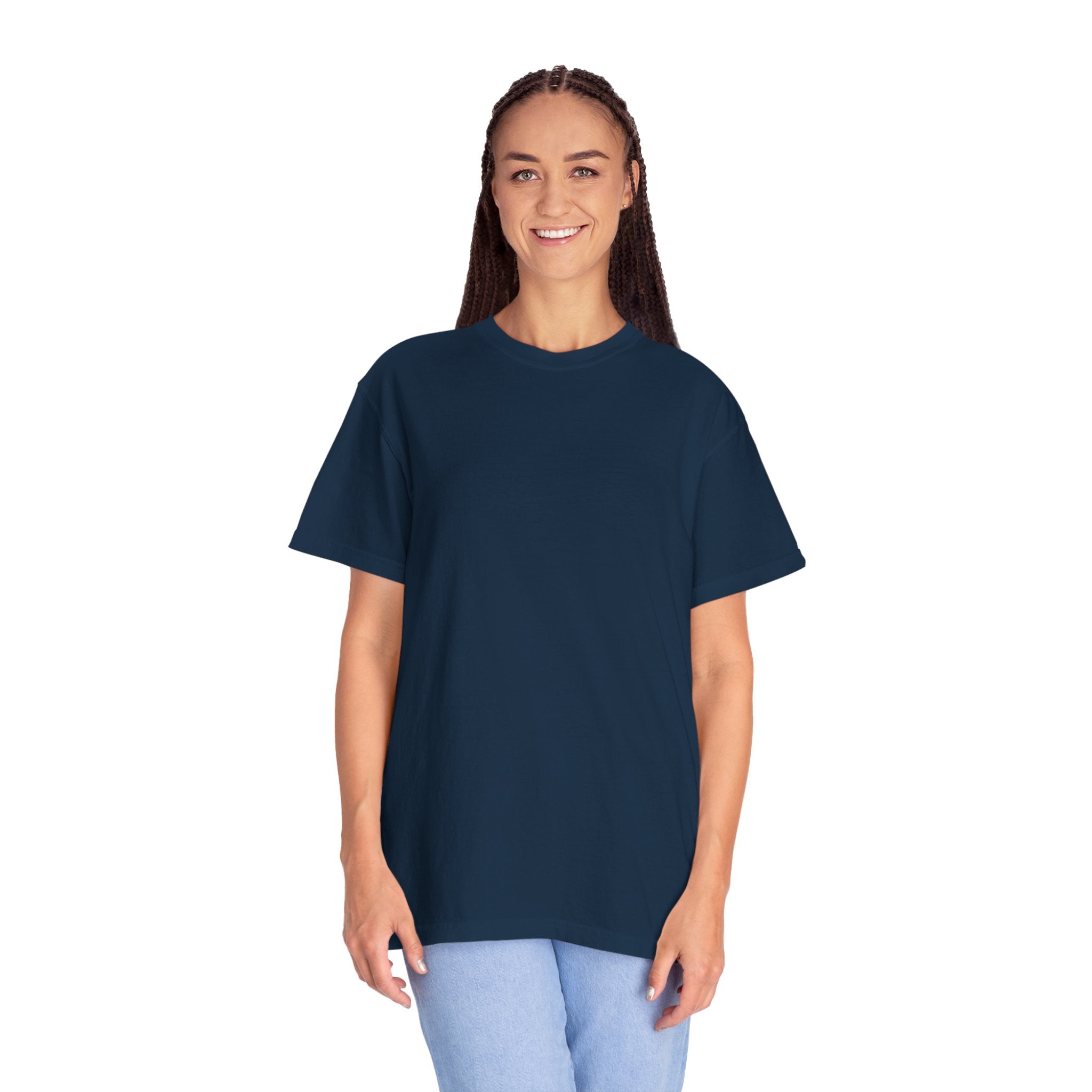 Person wearing a navy blue t-shirt on a white background