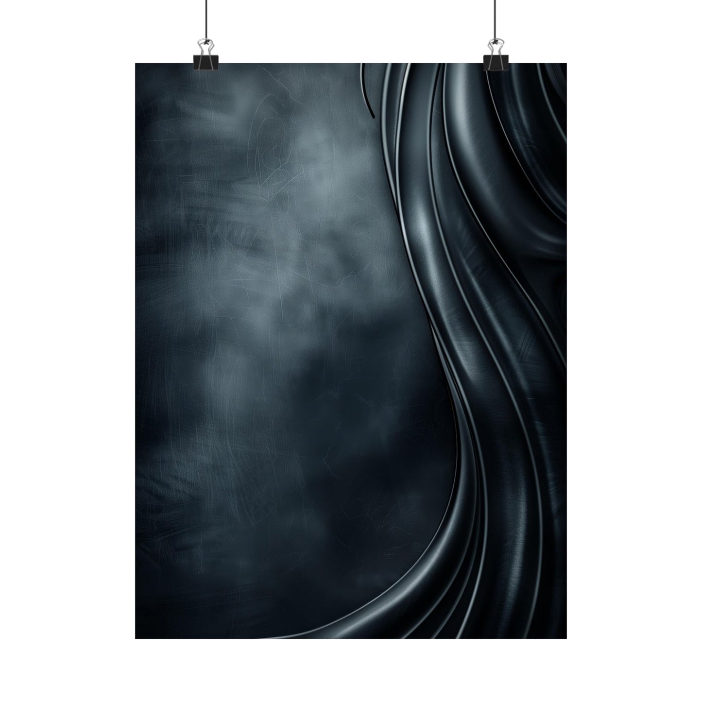 Abstract dark art print with swirling black and gray design on a white background