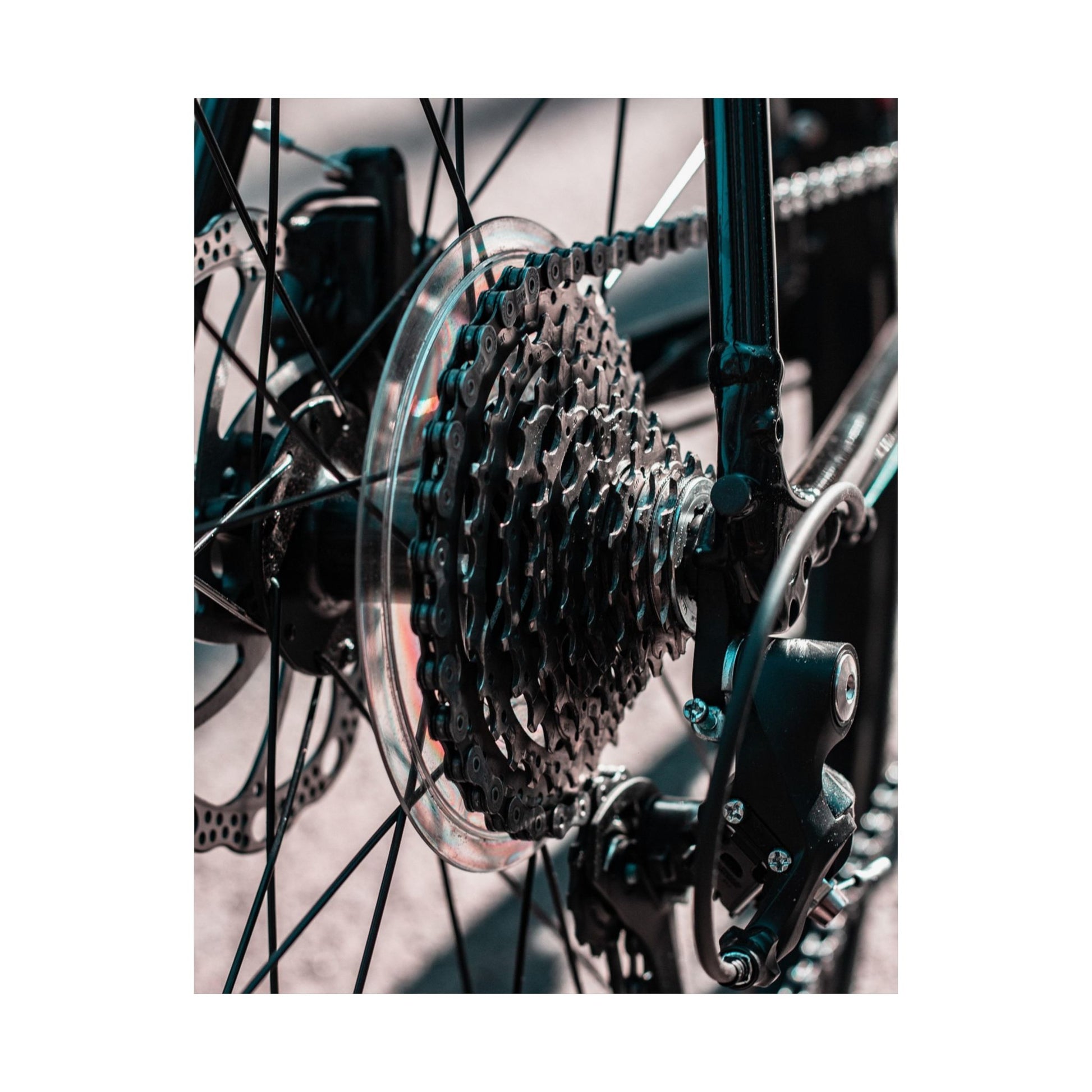 Close-up of a bicycle gear system with chain and sprockets.