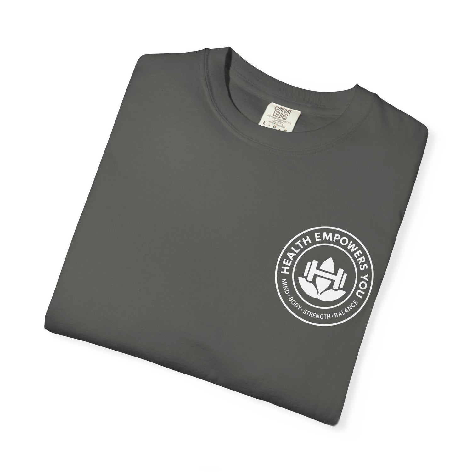 Folded gray t-shirt with a white logo on a white background