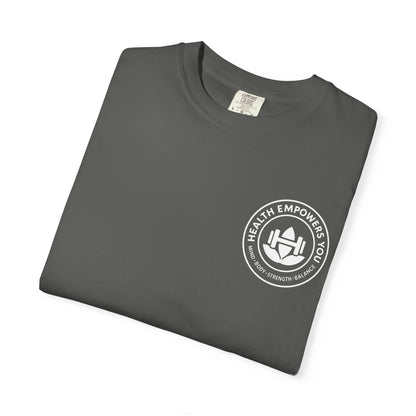 Folded gray t-shirt with a white logo on a white background
